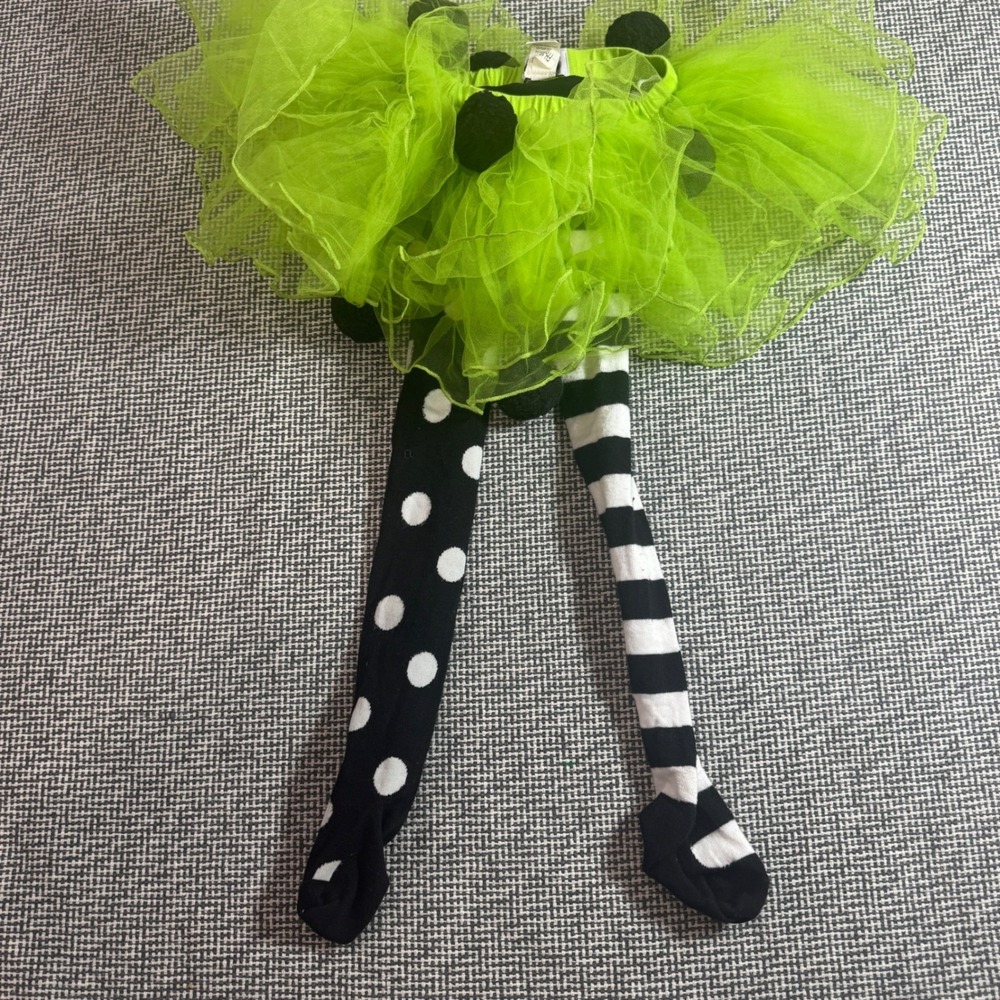Mud Pie Girls 5T Lime Green Tutu Mismatched Stripe Polka Dot Leggings Costume
